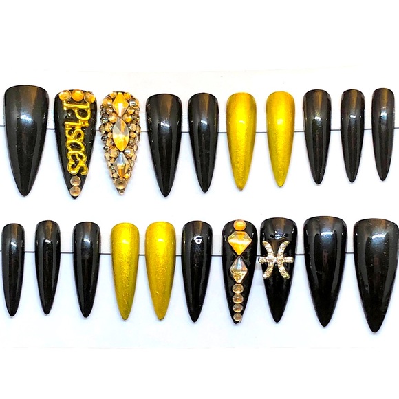 Handmade Press On Nails Medium Long Full Set Almond Shape Black PISCES N… - Picture 1 of 9